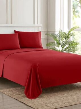 🛏️ New Queen Size 💯 Cotton Queen Size Sheet Set with Deep Pockets Fiery Red 🌹